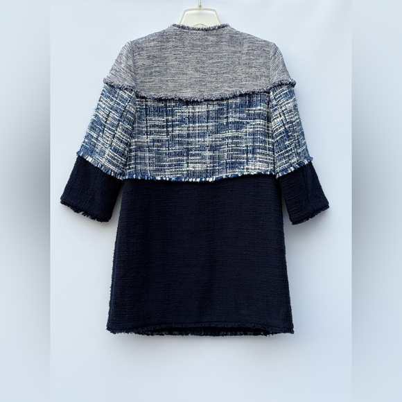 CHICO'S Tweed Longline Frayed Jacket Navy Blue Colorblock Size 0 (US 4/6 Small) - Picture 12 of 16